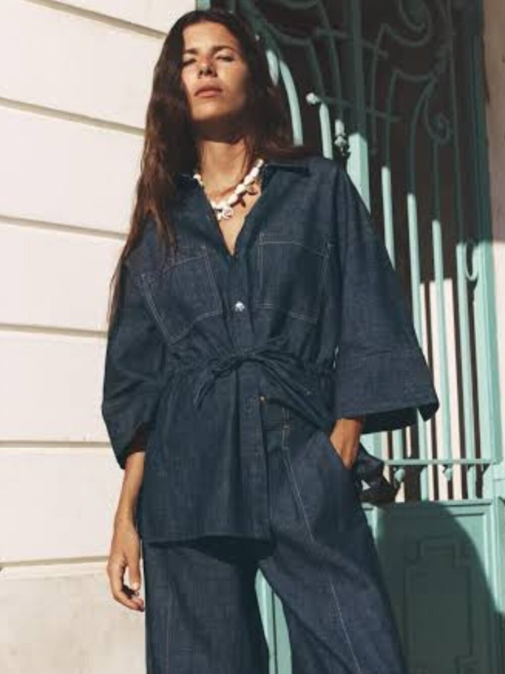 Zara Denim Shirt / Dark Blue Linen Safari Denim Chambray Tie Jacket